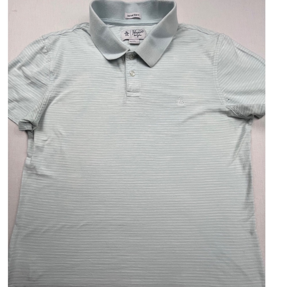 Original Penguin Mens Heritage Slim Fit Striped Polo Shirt Light Blue Large